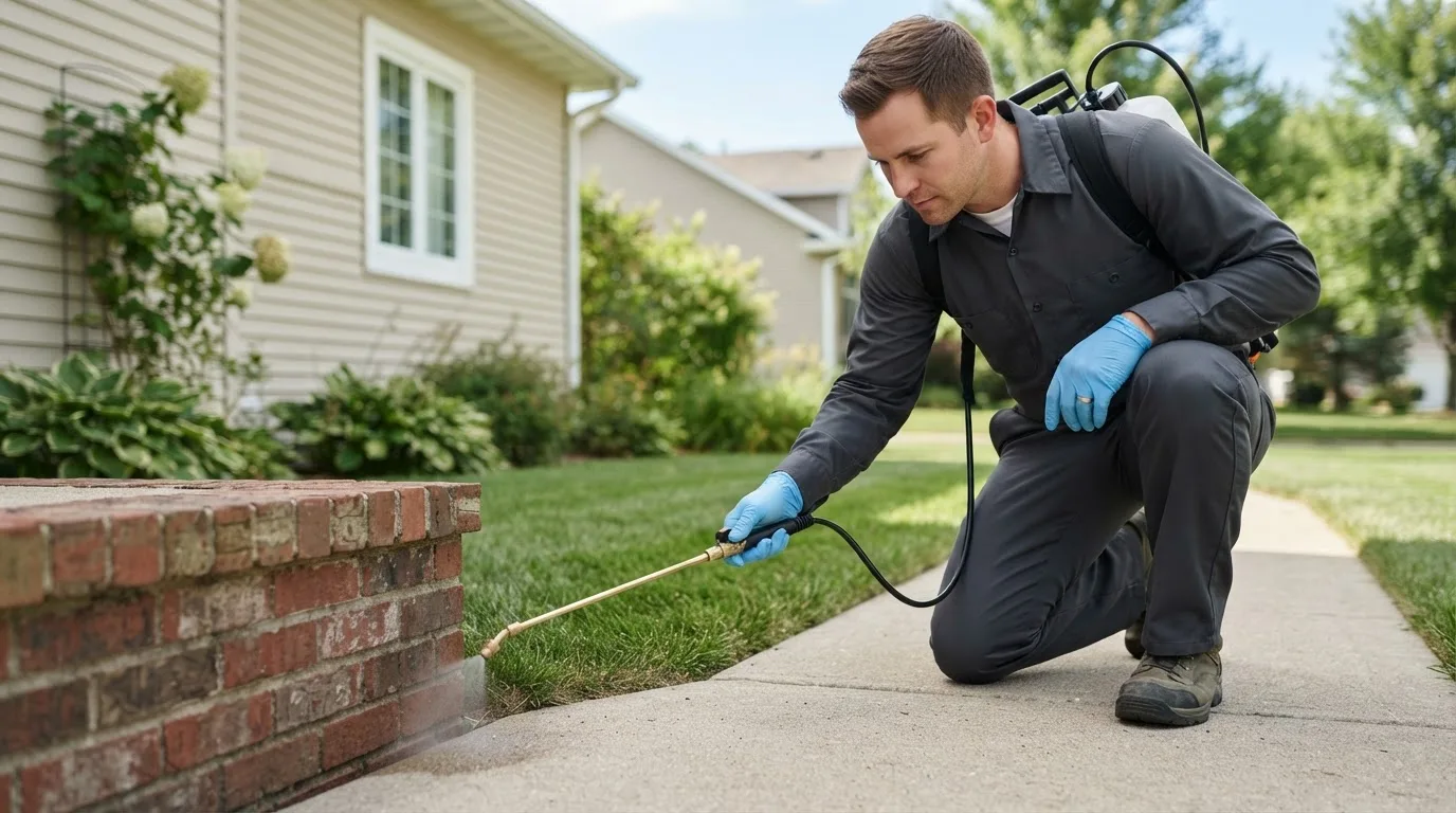 Pest control technician treating a home near Smithton, MO