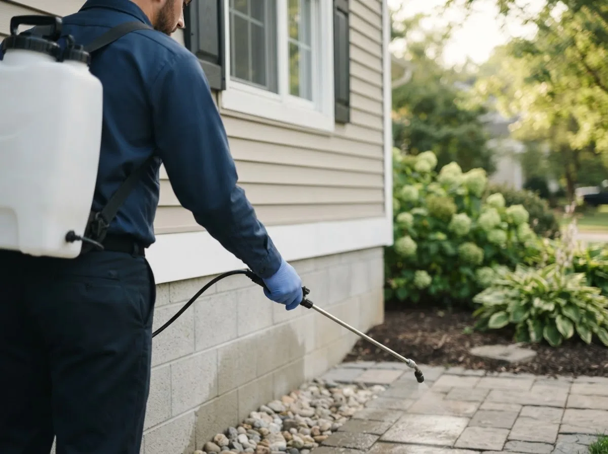 Pest control technician inspecting a home in Smithton, MO